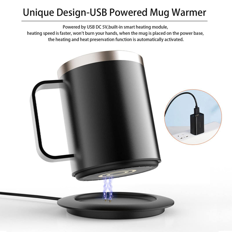 Coffee Warmer with Mug Set, USB Powered Heated Cup with 10H Auto Shut-Off, 131℉ Self Heating Coffee Mug for Desk (Black-12oz)