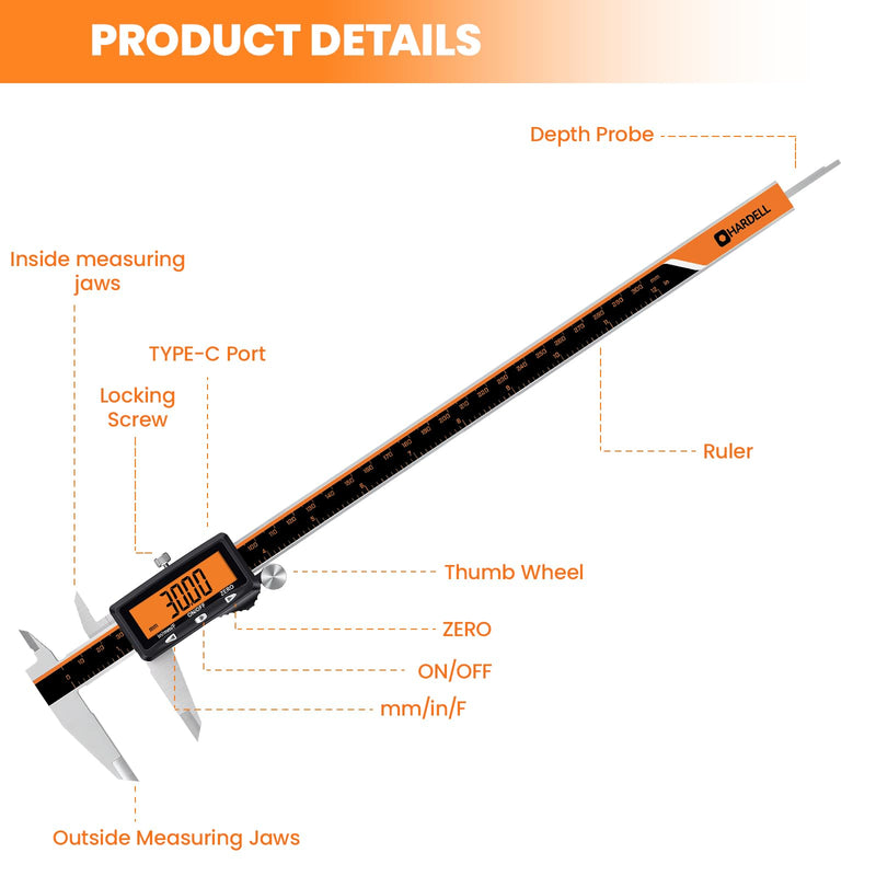 HARDELL Digital Caliper, Rechargeable Caliper Measuring Tool with Large Orange Screen (Non-Backlit) (12 Inch) 12 Inch