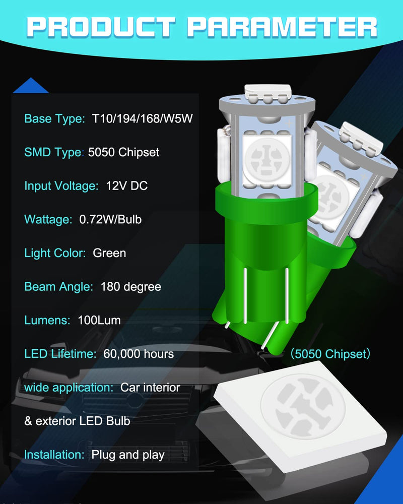 UNXMRFF 25-Pack 194 LED Light Bulb, Super Bright T10 LED Bulb Green, 2825 Bulb 5050 Chipset 5-SMD, W5W 168 LED Bulbs Replacement for 12V Car Interior Dome Map Door Courtesy License Plate Lights 25PCS