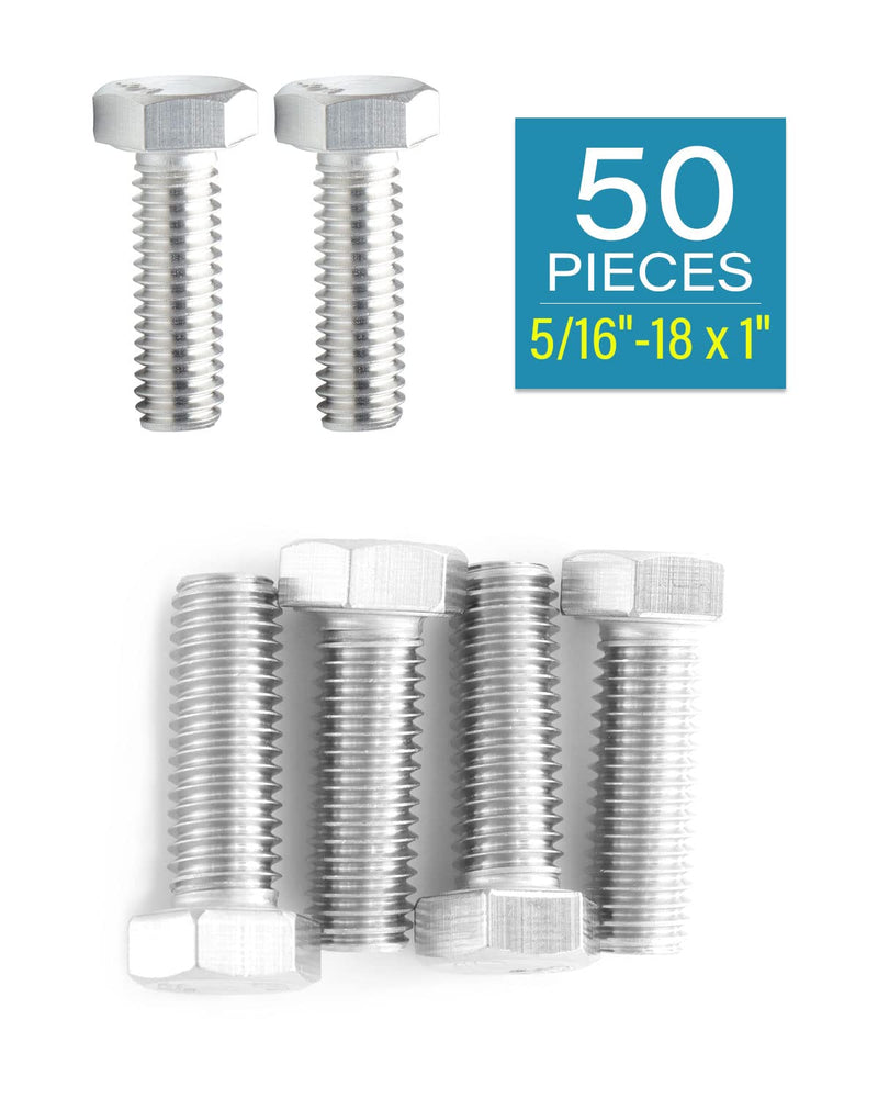 5/16-18 x 1" Stainless Steel Bolts, Hex Head 304 (18-8) Machine Screws by IMScrews, Pack of 50 5/16"-18 x 1"