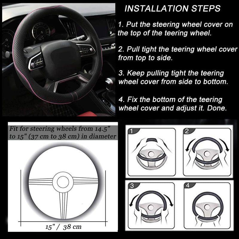 Rueesh Microfiber Leather Steering Wheel Cover Anti-Slip Matte Finish Auto Car Wheel Cover Universal 15 Inch Wheel Cover for Car Embossing Pattern (Pink Line) M (14.5"-15" Diameter) Pink Line