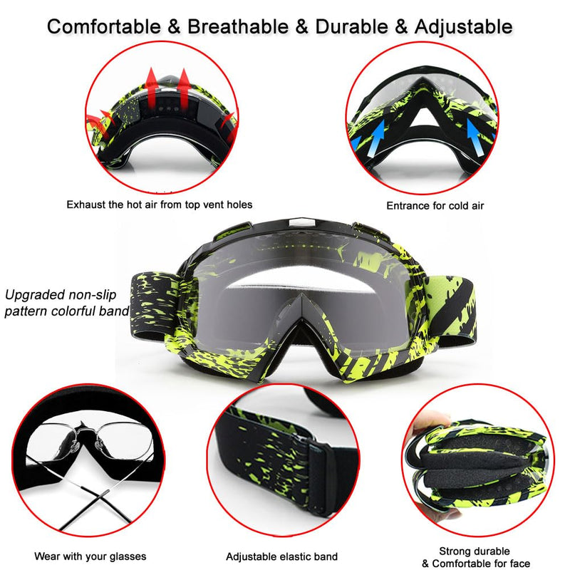 SPOSUNE Dirt Bike ATV Goggles UV400 Motorcycle Goggles for Men Women Youth Motocross Riding Goggles Windproof Dustproof Black Green&clear Lens