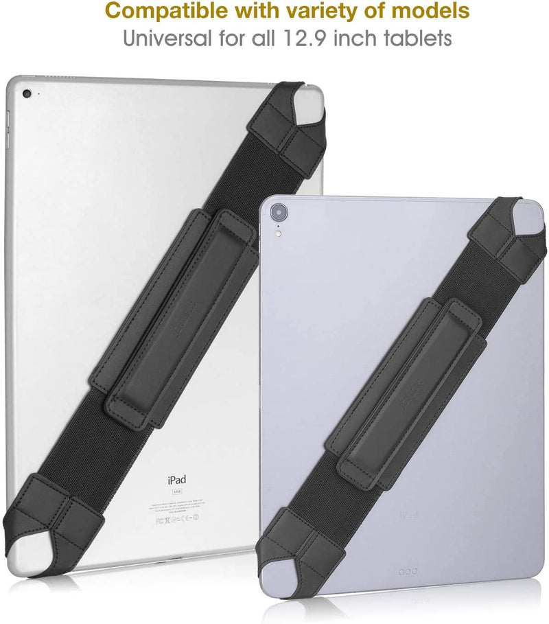 Universal Tablet Hand Strap Holder, 360 Degrees Swivel Leather Handle Grip with Elastic Belt, Secure & Portable for 12.9" Tablets (iPad Pro 2018),Black
