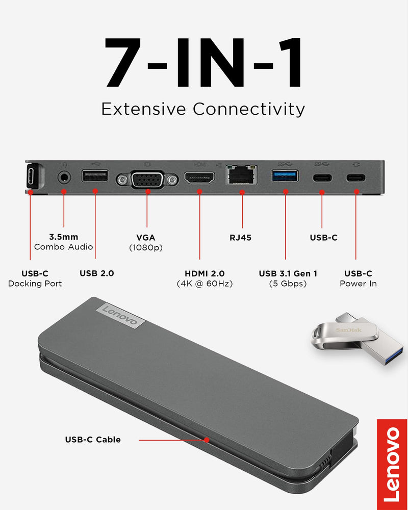 Lenovo 7-in-1 Portable USB-C Mini Dock - HDMI & VGA, 45W Charging, Compatible with Lenovo, Apple & USB-C Laptops, G0A70065US Lenovo Computer