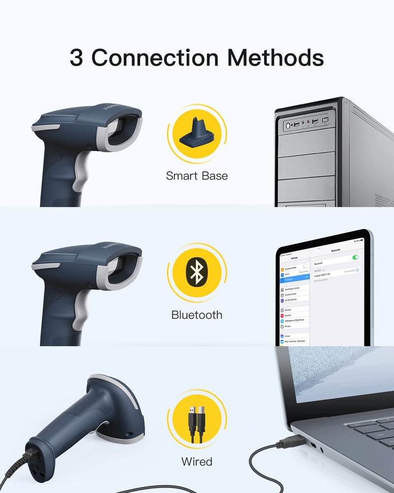 Inateck QR Barcode Scanner, 2D Wireless Barcode Scanner, 3 in 1 Barcode Reader, Screen Scanning, BCST-54 Blue Blue-BCST54 With Smart Base