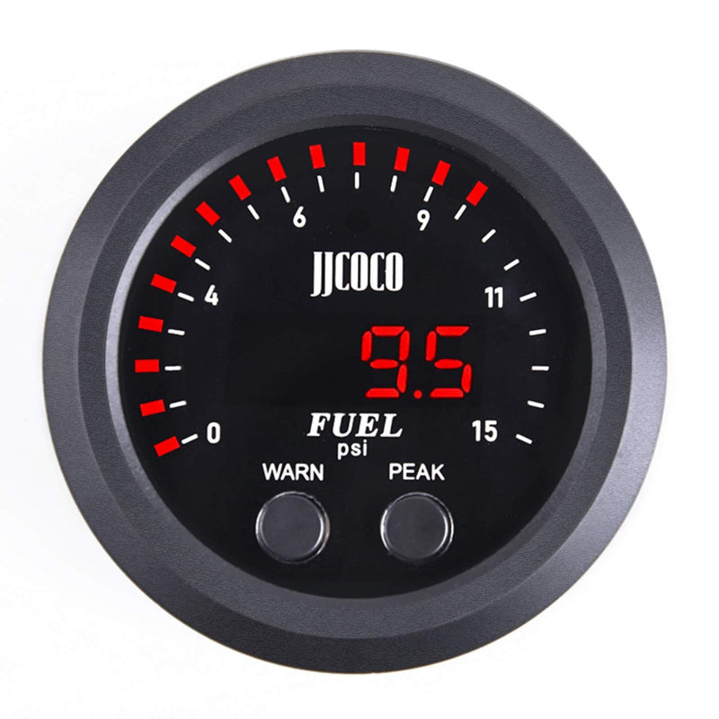 Universal 15PSI Fuel Pressure Gauge 2‑1/16in 52mm Ultraslim Red LED DC12V-24V with Alarm and 1/8NPT Electronic Sensor for Car & Truck