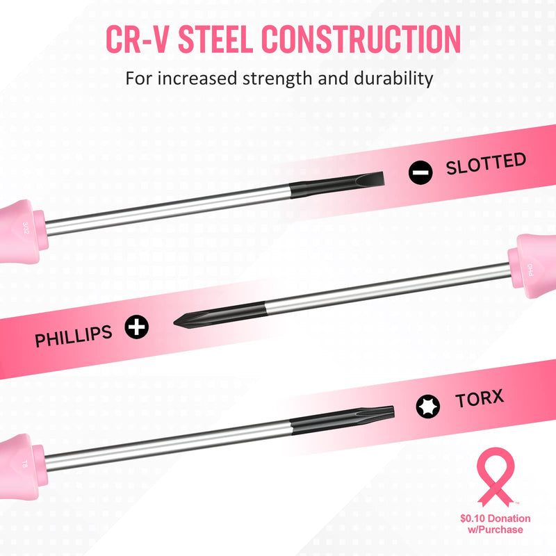 WORKPRO 10-Piece Precision Screwdriver Set with Pink Pouch, Phillips, Slotted, Torx Star, Magnetic Tip Small Screwdriver Repair Kit, for Eyeglass, Watch, Computer, Laptop and Phone - Pink Ribbon