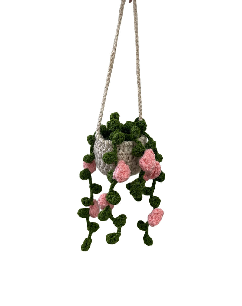 GZPCXMZ Boho Car Plant Crochet Hanging Accessories Crochet Plants for Car Rear View Mirror Cute Car Pink Plants for Women (002)