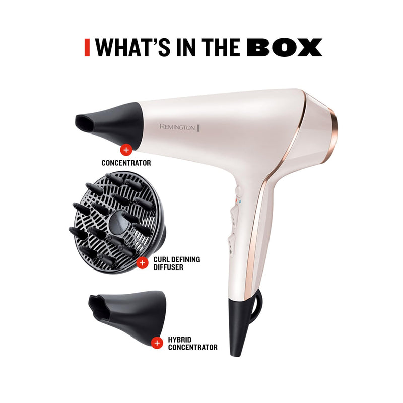 Remington PROluxe Hair Dryer, OPTIheat Technology, Ionic Conditioning | Includes Diffuser and 2 Concentrators, 2400W for Long-Lasting Results, Delivers Frizz Free Hair, AC9140 Rose Gold