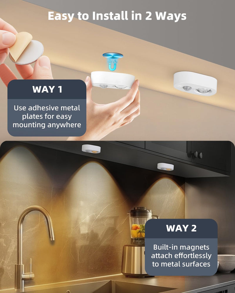 Yiliaw LED Motion Sensor Puck Lights Indoor, Small Rechargeable Under Cabinet Lighting, Dimmable Warm White Closet Lights, Stick on Wireless Night Light for Drawer, Shelf, Kitchen, White (9 Pack) 9 Packs