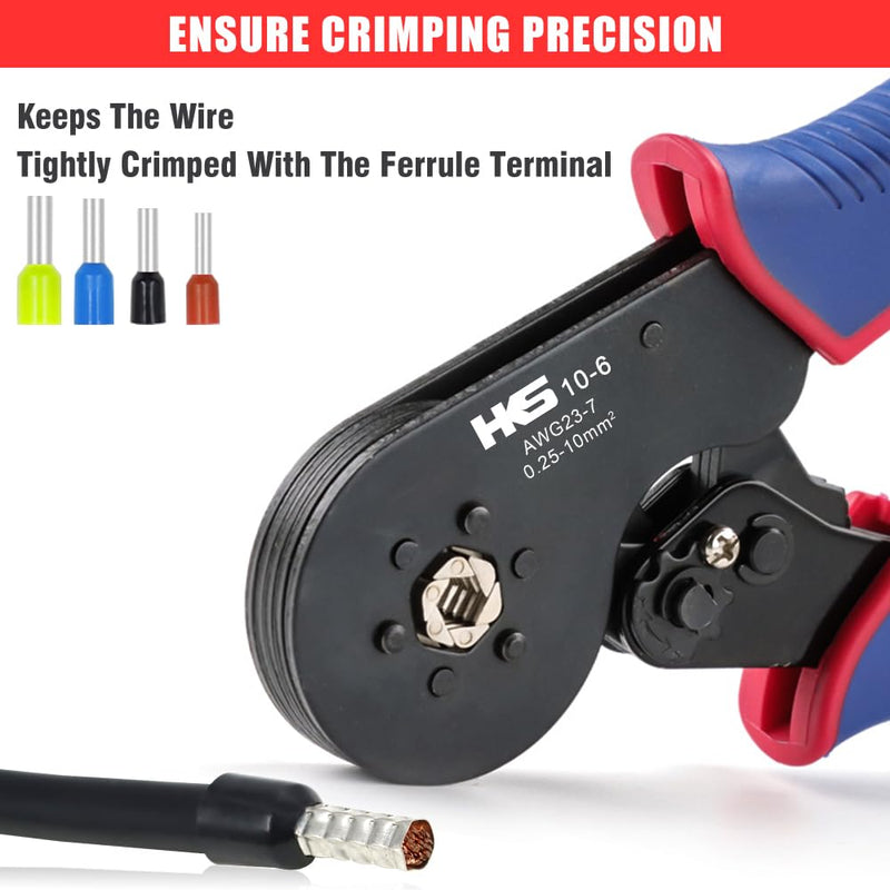 HKS Ferrule Crimping Tool Kit - Hexagonal Ferrule Crimper Plier (AWG 23-7) with Wire Stripper & 1900pcs Wire End-Sleeves Terminals Kit Crimper 10-6+1900PCS+Stripper