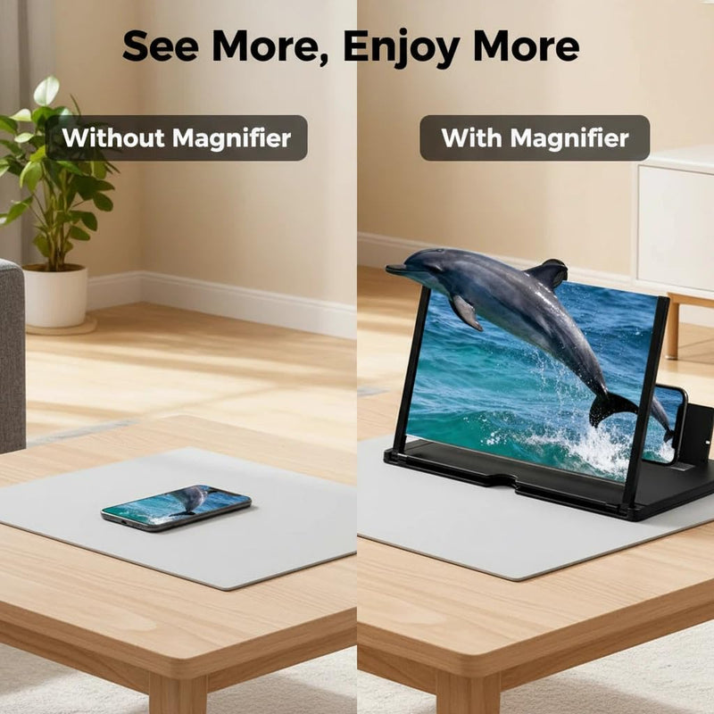 12" Phone Screen Magnifier for Cell Phone, Foldable 3D HD Acrylic Screen Amplifier, Portable Smartphone Screen Enlarger Stand for Movies & Gaming, Universal Phone Stand for All Smartphones (Black)