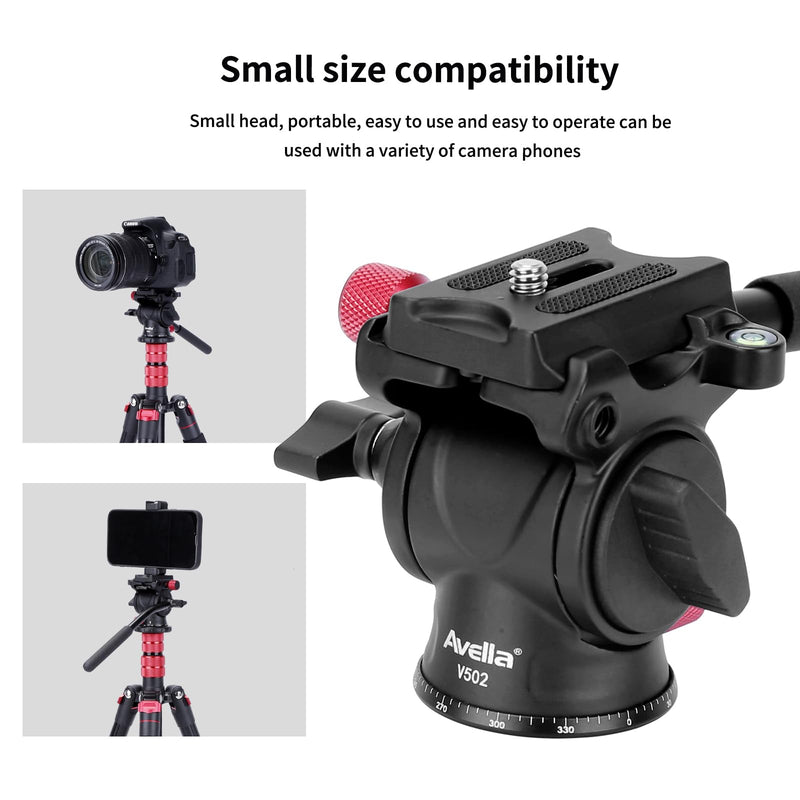 Avella Tripod Fluid Head Pan Tilt Head with Arca Type Quick Release Plate and Handle, Metal Panorama Head with Scaled Base for Compact Video Camera DSLR Camera, Load up to 6.6lb, V502