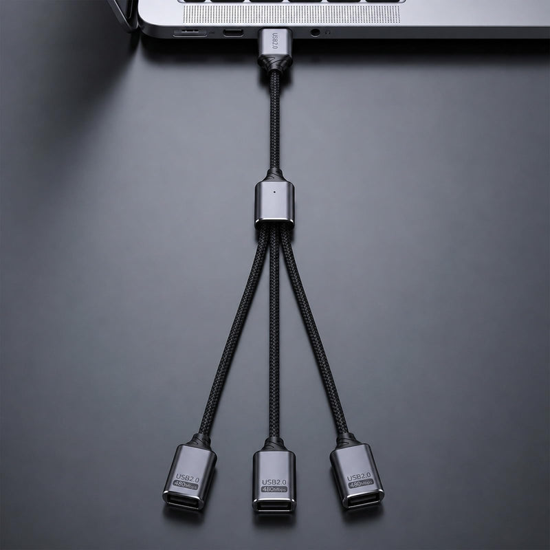 USB 2.0 Adapter USB Y Splitter 1 in 3 Out, 0.8Ft Male to 3 Female Extension Hub Cable for Car/PC/Laptop/Keyboard/Smartphone/Flash Drive Data Transmission (Black)