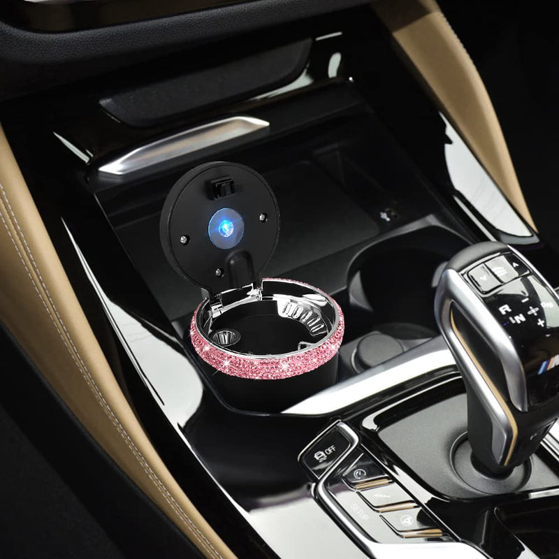 SAVORI Car Ashtray for Women Men, Portable Bling Cigarette Smokeless Cylinder Cup Holder with Blue LED Light Indicator Car Accessories (Pink) Pink
