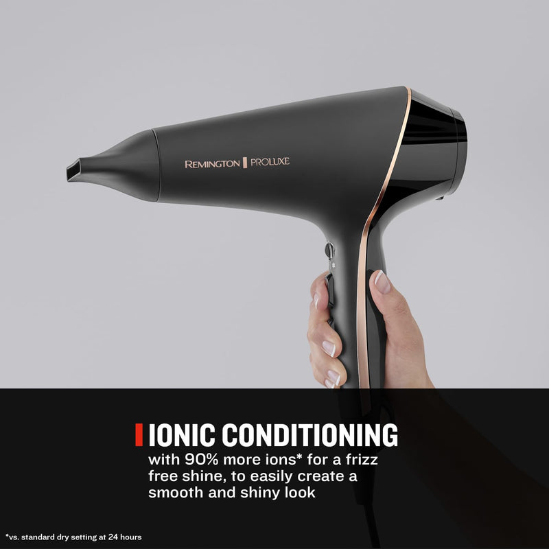 Remington PROluxe Midnight Hair Dryer (OPTIheat Technology for Long-Lasting Results, Ionic Conditioning for Frizz Free Hair, Diffuser, 2 Concentrators, Powerful, Professional, 2400W, Black) AC9140B