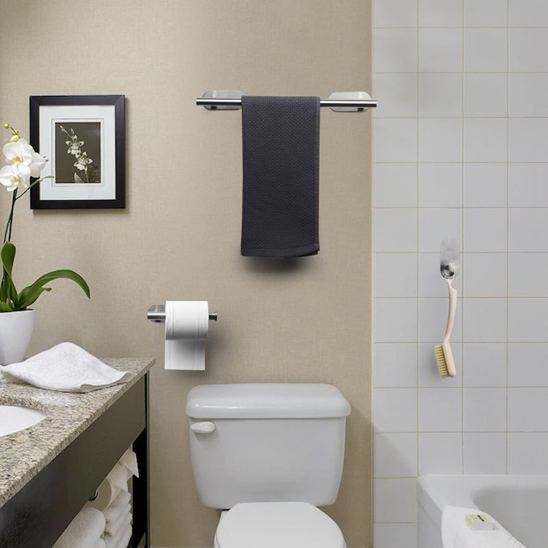 JiGiU Self Adhesive Towel Bar, Bathroom Hardware Set Include 16-Inch Bath Towel Bar,Toilet Paper Holder Towel Ring & 3 Packs Towel Hooks Stainless Steel Wall Mount No Drill Sticky on Towel Holder Kit Silver
