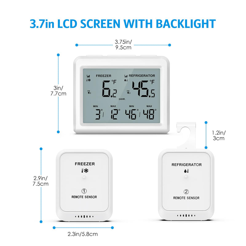 AMIR Wireless Refrigerator Thermometer, Digital Fridge and Freezer Thermometer with Alarm, Freezer Alarm with 2 Sensors, 3.7 inch LCD Fridge Thermometer for Home and Restaurants