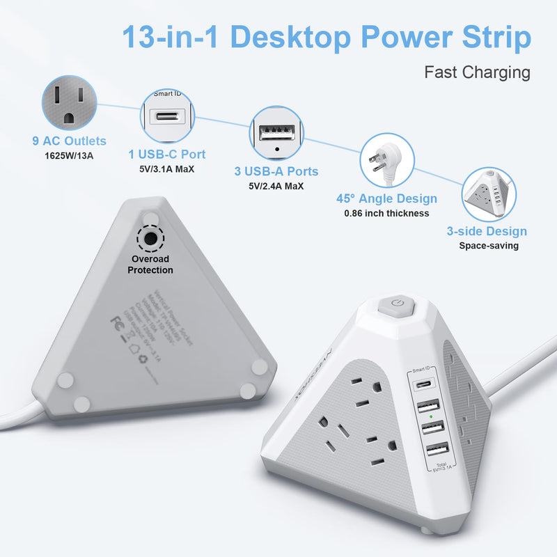 Tower Surge Protector Power Strip, NVEESHOX 9 AC Outlets with 4 USB Ports (1 USB C )3-Side Triangle Outlets with USB Ports,6.5 Ft,Flat Plug, Charging Station with Surge Protection,for Home Office Dorm White-Gray