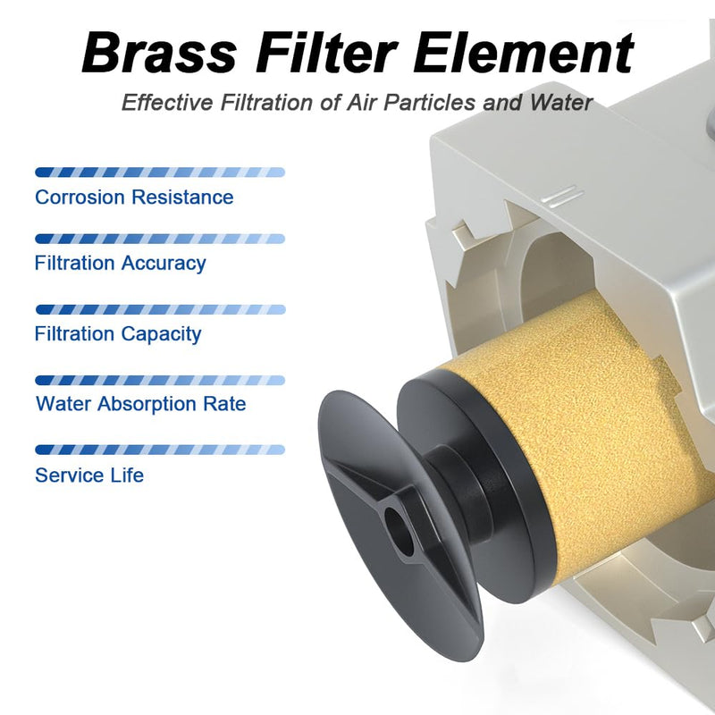 AIRZOE 3/8" NPT Air Filter Regulator Combo Piggyback,5 Micron Brass Element, Semi-Auto Drain,Air Pressure Regulator AW3000-03,0-145 psi Gauge 3/8"NPT