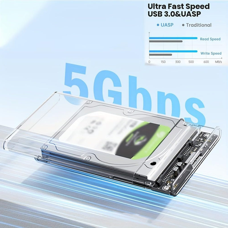 Transparent 2.5-inch Hard Drive Enclosure, USB 3.0/USB 3.1 to SATA III External Hard Drive case Adapter, SSD and HDD 9.5mm/7mm, Compatible with PS4, Xbox, PC, TV, and Laptop, Tool-Free Installation USB 3.1 Silver Adapter