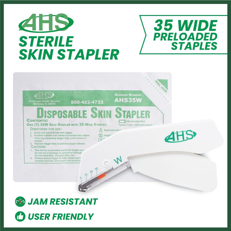 AHS Sterile Skin Stapler, 35 Wide Preloaded Staples, Vet and Medical First Aid Use, for External Use