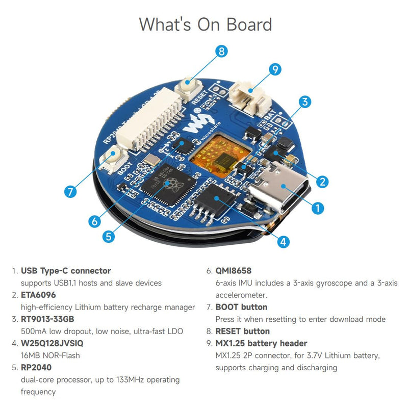 Waveshare RP2040 Microcontroller Development Board, with 1.28inch Round Touch LCD, Compact Size, Accelerometer and Gyroscope Sensor, with CNC Metal Case