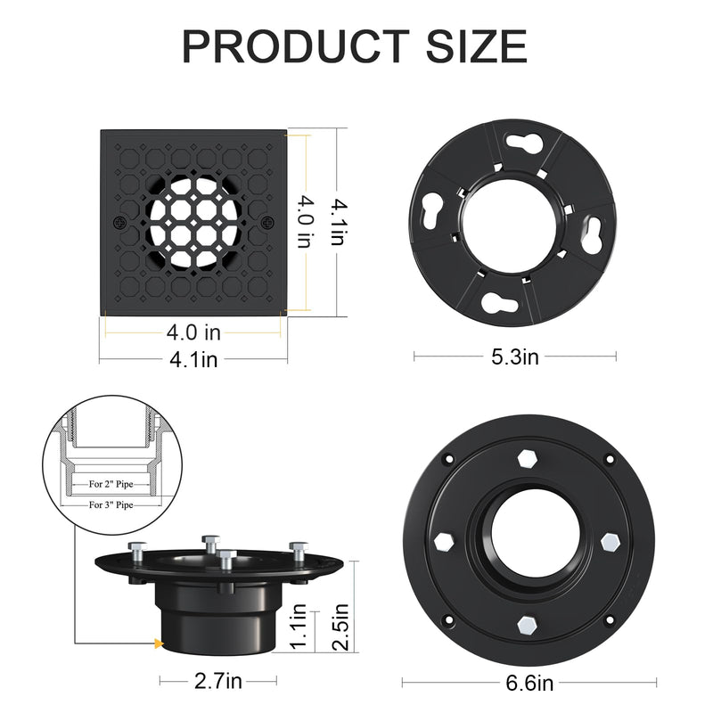 4 Inch Shower Floor Drain with Flange, Matte Black Shower Drain, Octagon Pattern Removable, SUS 304 Stainless Steel High Flow Shower Drain kit,Hair Strainer, Watermark&CUPC Certified(Octagon) Octagon Matte Black