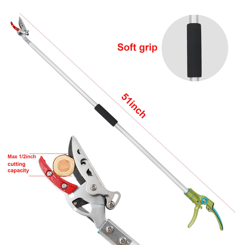 GARTOL Cut & Hold Pole Pruner, 4.2 FT Lightweight Fruit Picker with 180° Rotating Handle, SK5 Steel Blade Cuts up to 1/2 Inch, Long Reach Garden Tree Trimmer & Branch Cutter for Shrubs, Bushes