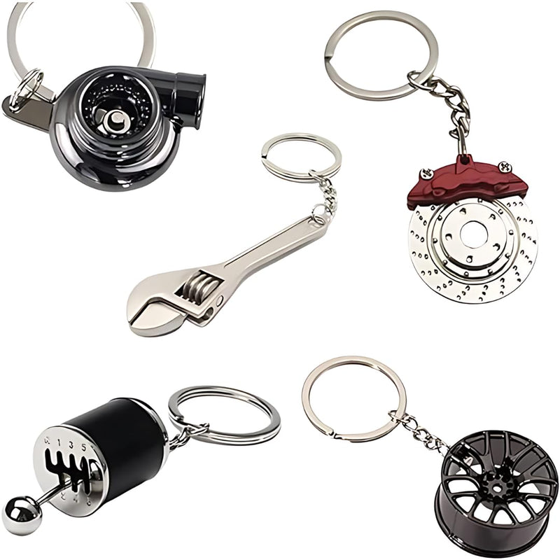 5pc Car Lovers Key Chain Set - Manual Gear Shifter | Wheel Rim | Spanner | Turbo | Brake Disc Keychain | Auto Enthusiast Gift Set | Car Truck Bike | Parts Keyring