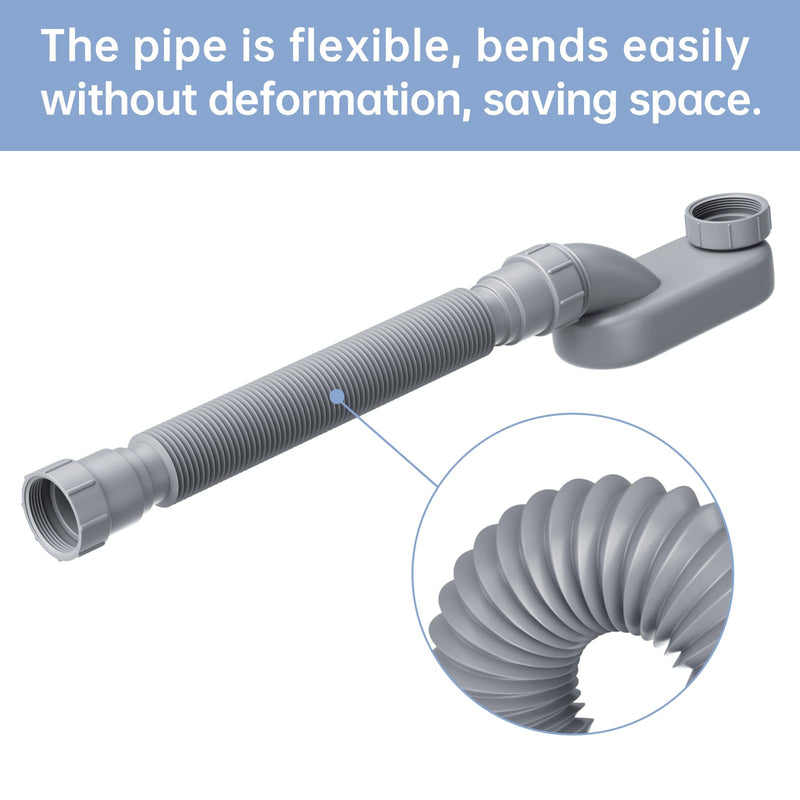 Low Profile Flexible Bathtub Shower Drain Pipe Kit - Flat P Trap for Freestanding Tub, 1 1/2 or 1 1/4 Inch(Gray) Gray