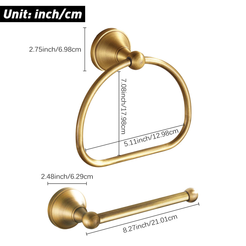 Brass Toilet Paper Holder Towel Ring, Antique Brass Towel Holder Toilet Paper Roll Holder, Rustic Towel Rack Bathroom Accessories Set Hardware 2 Pieces Farmhouse Wall Mounted