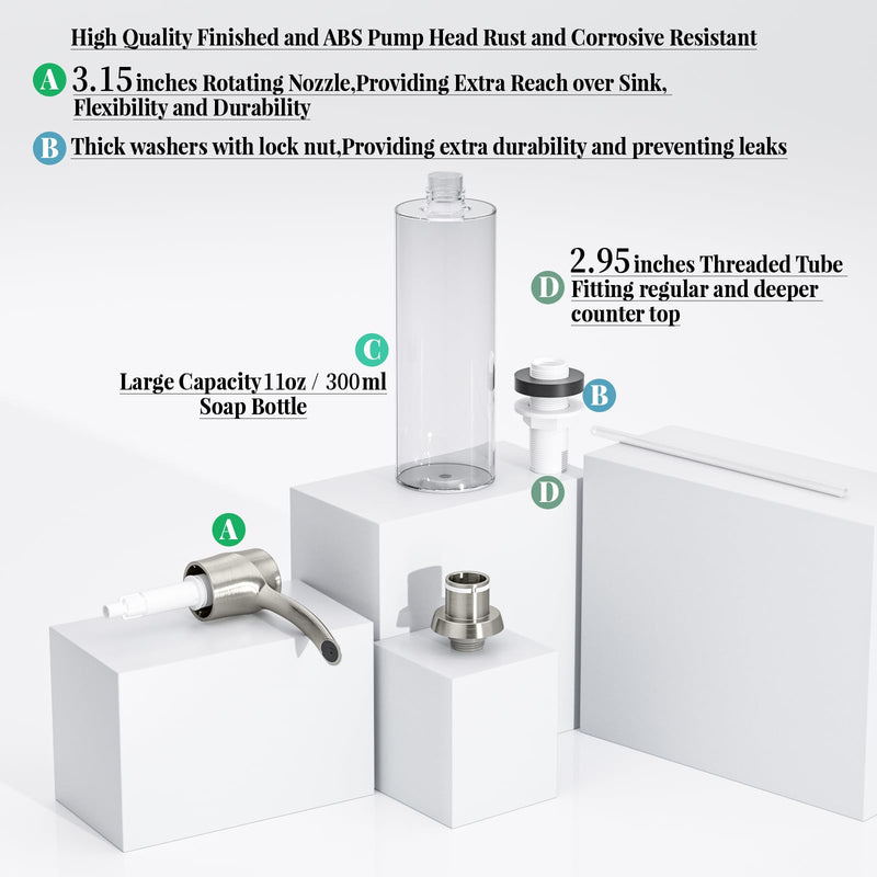 SAMODRA Kitchen Sink Soap Dispenser,Lotion Dispenser,ABS Dispenser Built-in Pump Brushed Nickel Head with 11 oz PET Bottle, Refill from Top
