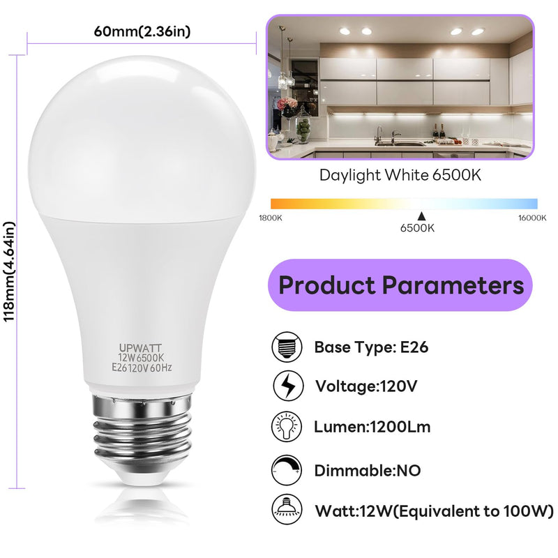 LED Light Bulbs A19 Daylight 6500K 12W (100 Watt Equivalent) 10 Packs | 1200 Lumens, Non-Dimmable, E26 Standard Medium Base, Super Bright 12W 6500K Daylight-10P