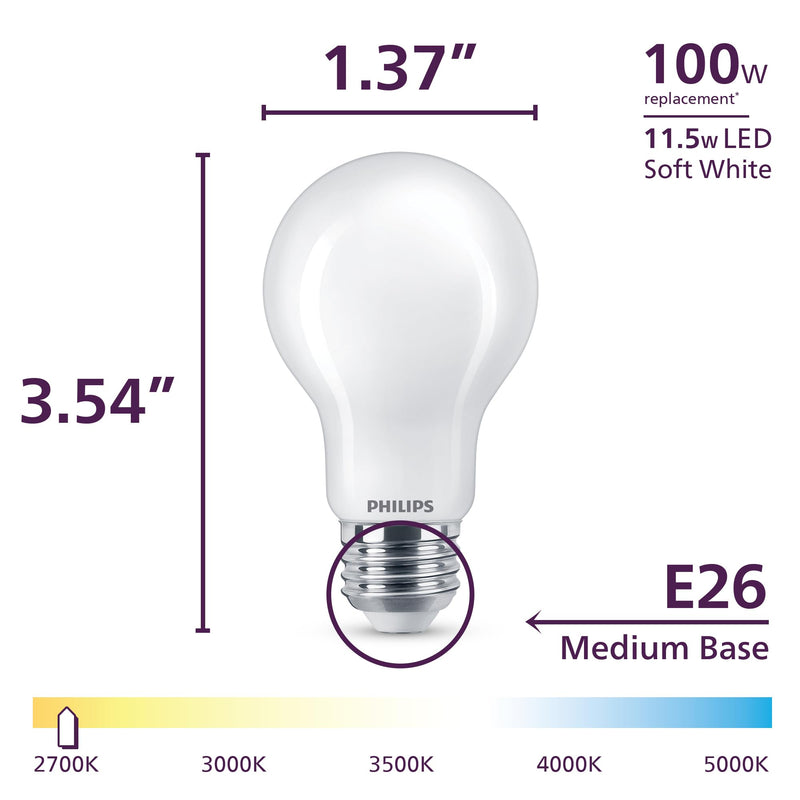 Philips LED 100W A19 8-Pack Ultra Definition (2700K) 1500 Lumen (11.5W = 100W) Dimmable Frosted Flicker-Free Light Bulbs Soft White (2700k) 4 Pack