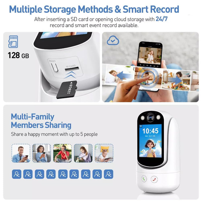 Video Call Security Camera Indoor, Nanny Camera Baby Camera Pet Camera,2-Way Video Call,2-Way Audio, 360°Pan/Tilt WiFi Camera for Home Security, Motion Tracking, 1080P 2.8 inch HD Screen,Night Vision White B