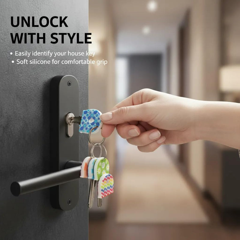 6Pcs Unique Key Covers Caps Silicone Decorative Head Protector Set | Patterned flexible silicone key caps slip over flat keys to prevent scratches for students carrying keychains. 6pcs Printed Pattern
