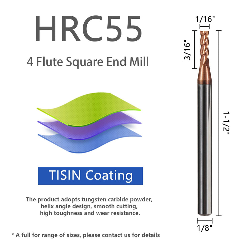 5PCS Micrograin Carbide Square End Mill Set with TISIN Coated - 1/16" 4 Flute CNC Milling Bits for Hardened Steel/Cast Iron/Alloy Steel - HRC55 1/16 in 5