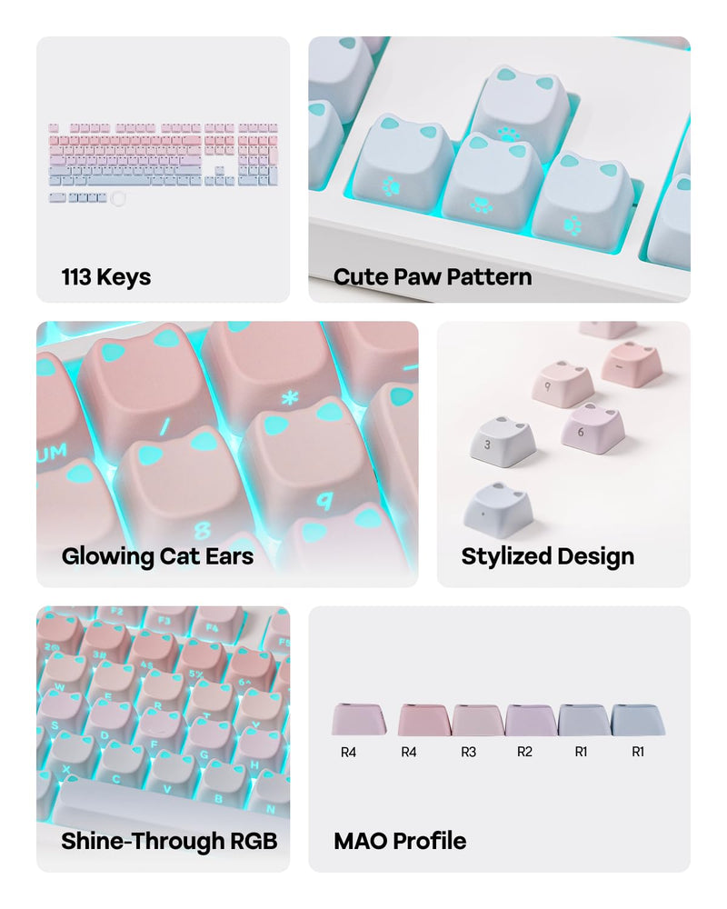 EPOMAKER Shimmeow Cute Cat Themed Keycaps Set for MX Mechanical Keyboard | 113 Keys, Shine Through, MAO Profile, PBT+PC Material, Compatible for 60%/65%/75%/TKL/96%/Full-Sized ANSI Layout (Nebula) Nebula