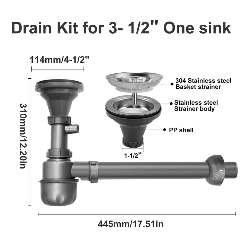 1 1/2" Sink Drain Kit P-Trap Drain Strainer Adjustable Height with 3-1/2" Kitchen Sink Drain Assembly Kit 304 Stainless Steel for Single Kitchen Sinks Bar Sinks and Laundry Sinks Gray