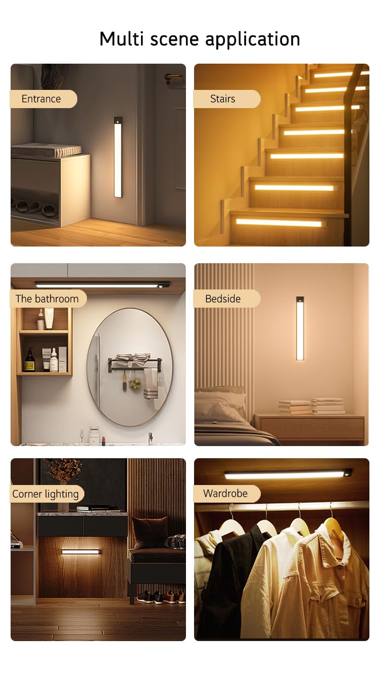 Under Cabinet Lights Wireless,Under Counter Motion Sensor Light Kitchen, 54 LED Rechargeable Night Lighting,3 Color Temperatures Black Closet Light for Bedroom,Wardrobe, Stairs,Cupboard(2 Pack) 12inch Black 54LEDs Sliver