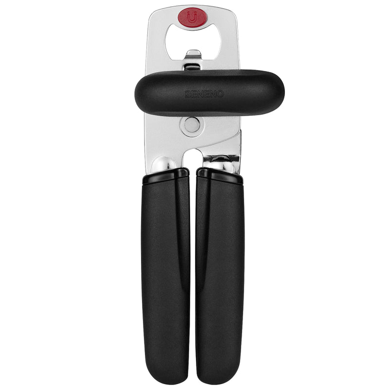 Beneno Heavy Duty Can Opener Manual with Magnet, Smooth Cutting Blade, Durable High Carbon Steel Hand Can Opener Manual with Easy to Turn Knob & Soft Grip Handles, Multifunctional Bottle Opener, Black