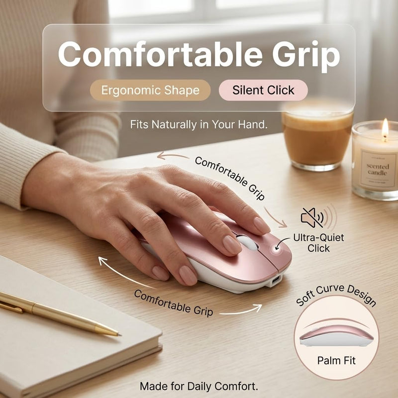 Wireless Bluetooth Mouse for Mac Air MacBook Pro Laptop PC Pad Optical Rechargeable Silent Mouse with Jiggler Mode Dual Mode Switch Bluetooth 5.2/3.0 and 2.4G USB-A & USB-C Receiver Rose Gold RoseGold Portable