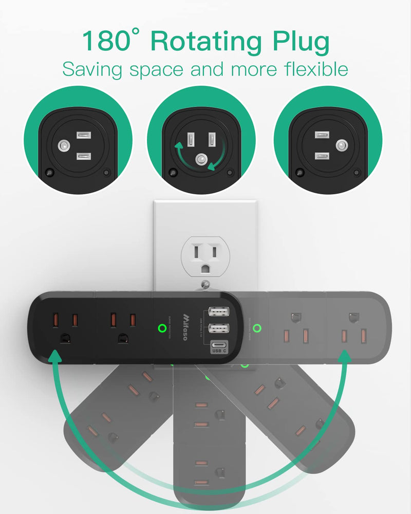 Surge Protector USB Outlet Extender with Rotating Plug, 6 AC Multi Plug Outlet and 3 USB Ports (1 USB C), 3-Sided Swivel Power Strip Outlet Splitter for Home, Dorm Room Essentials (2 Pack) 2 Pack Black