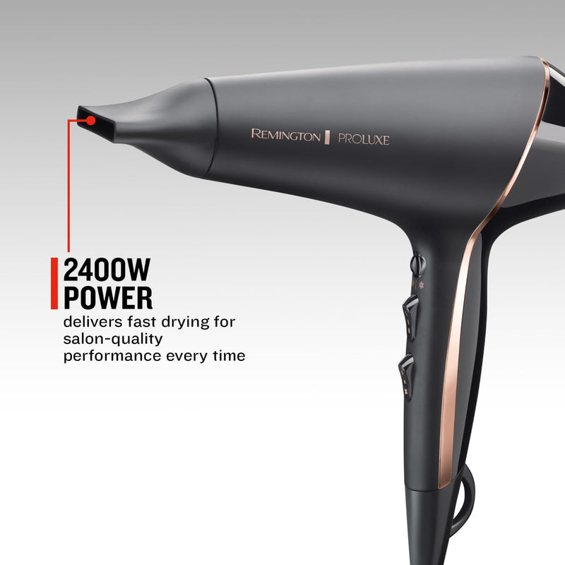 Remington PROluxe Midnight Hair Dryer (OPTIheat Technology for Long-Lasting Results, Ionic Conditioning for Frizz Free Hair, Diffuser, 2 Concentrators, Powerful, Professional, 2400W, Black) AC9140B