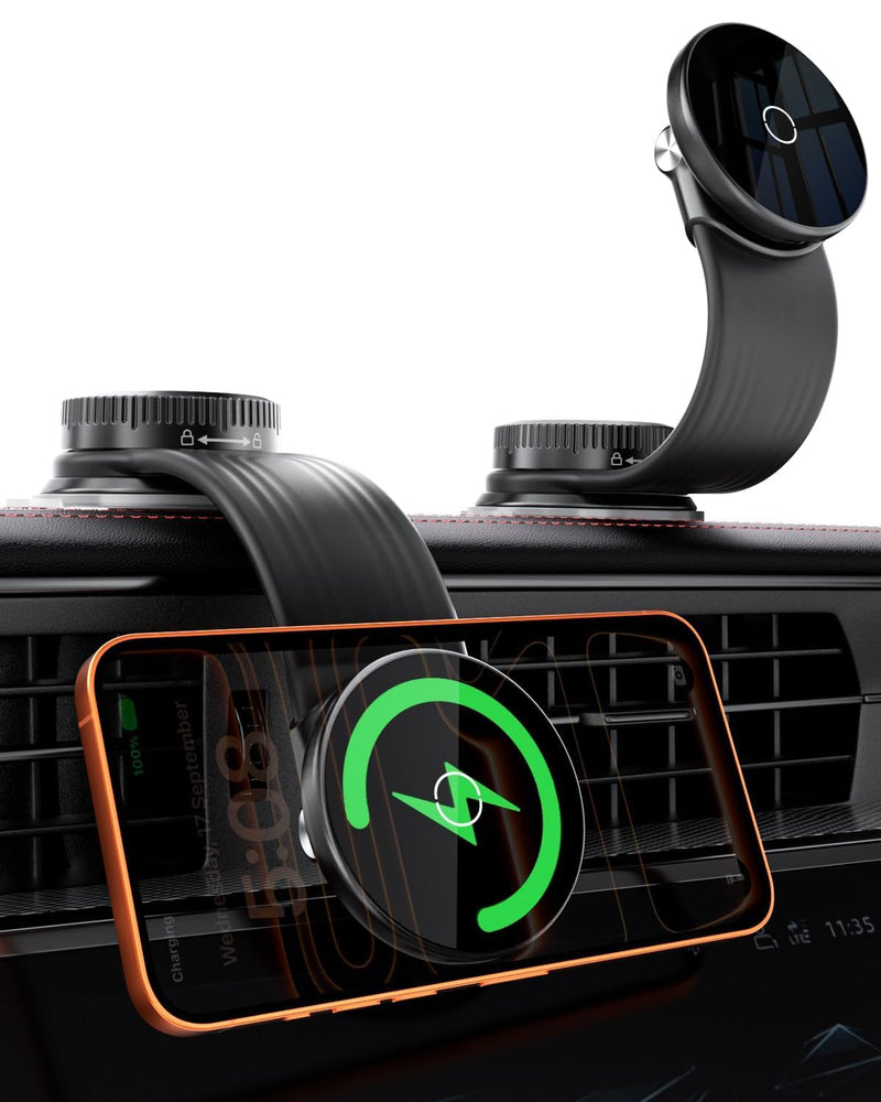 15W Magnetic Wireless Car Charger Mount, Flexible Bendable Aluminum Arm [360° Adjustable], Upgraded Adhesive Suction Cup Base, Dashboard Windshield Fast Charging Phone Holder for iPhone 17 Wireless Charging Holder