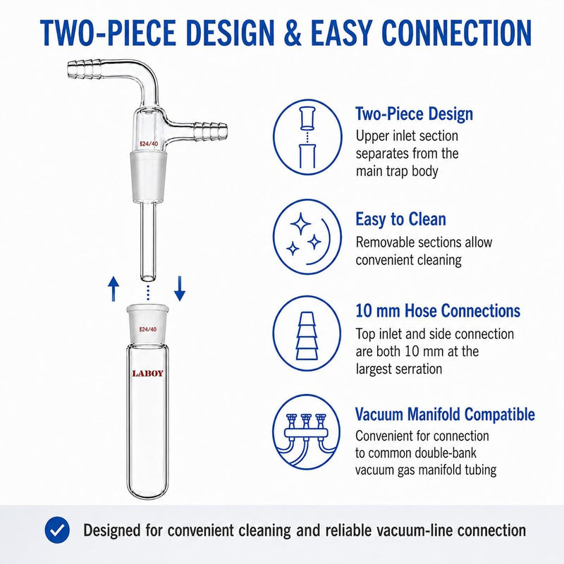 Laboy Glass Vacuum Cold Trap, 2-Piece Heavy-Wall Borosilicate Glass, 24/40 Standard Taper Joint, 200mm Length Below Joint, 10mm Serrated Hose Barbs, Vapor Protection for Schlenk Line & Vacuum Pump | Pump Oil Protection