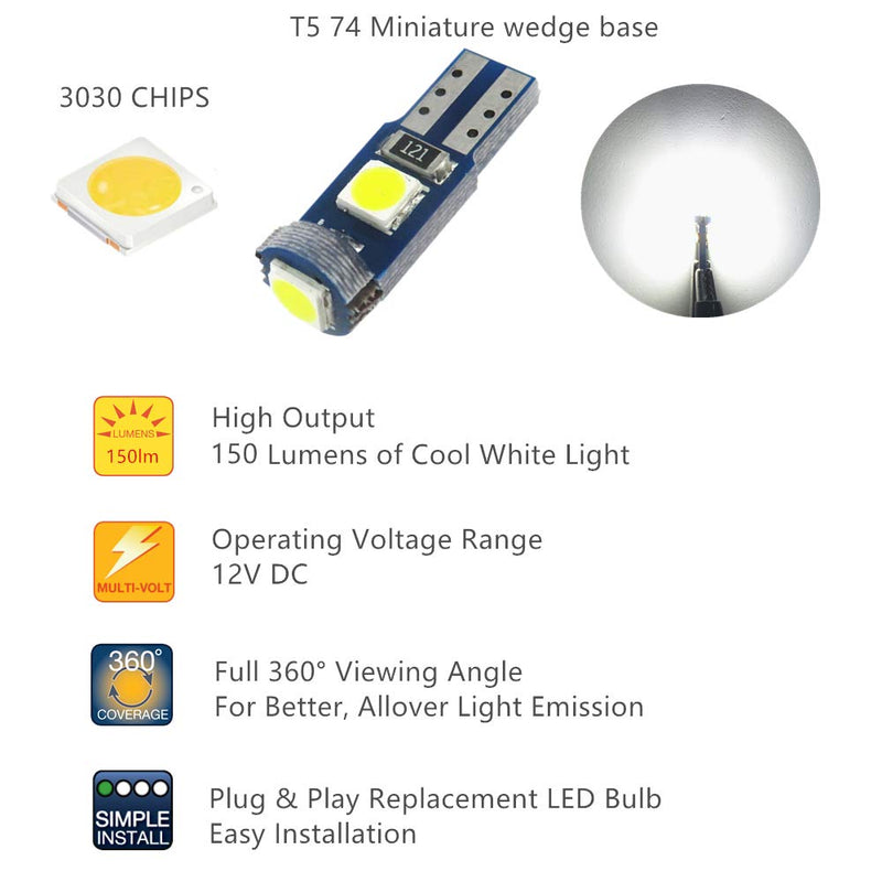 WLJH 10 Pack White Canbus T5 Led Bulb 2721 37 74 Wedge Lamp PC74 Twist Sockets Dash Dashboard Lights Instrument Panel Cluster Leds Car Replacement