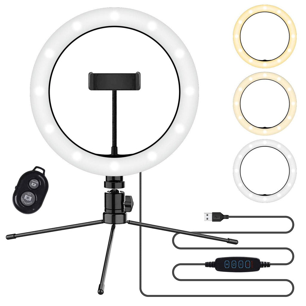 Tripod Stand 10” Bright Desk Ring Light and Phone Holder Mount, 3 Light Modes Round Dimmable LED Light for Livestream Gaming Makeup Video Tutorials Self Record Photo Taking TikTok Dance for All Phones