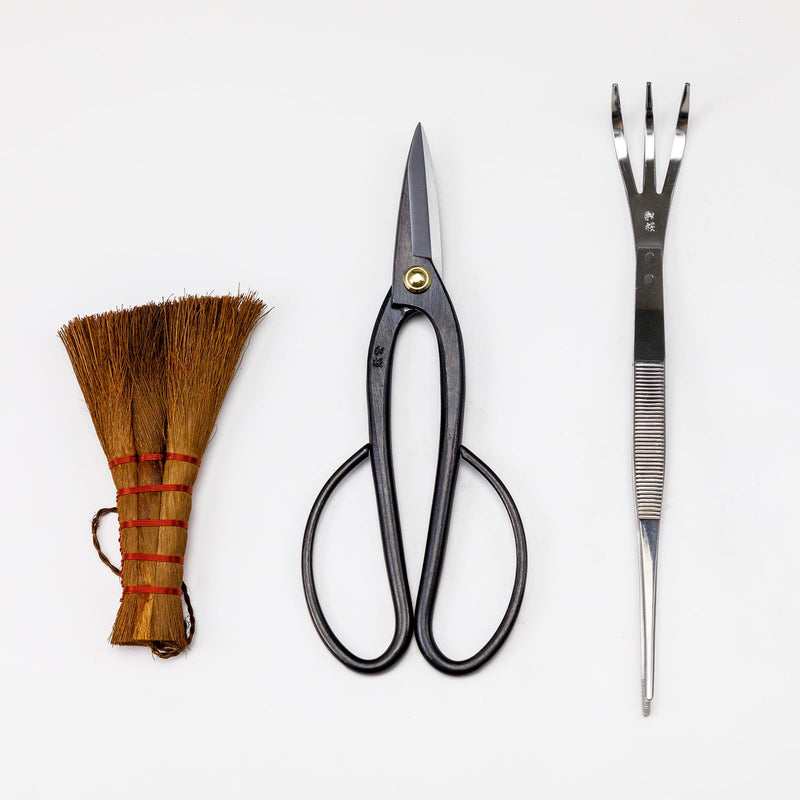 Wazakura Japanese Bonsai Garden 3PCS Tool Starter Kit, Made in Japan, Ashinaga Bonsai Scissors, Stainless Tweezers with Rake, Chinese Broom. Beginner Set with Shears, Tweezers and Soil Brush 3PCS Bonsai Set with Ashinaga Scissors